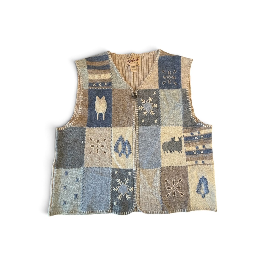Woolrich Womens XL Blue Patchwork Wool Sweater Vest Patchwork Embroidered VTG
